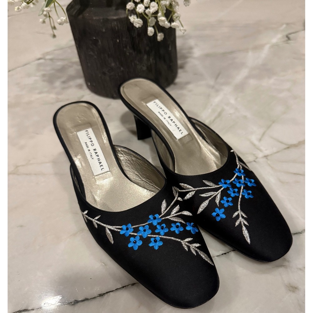 Filippo Raphael Black Satin Blue Floral Embroidered Mules Italy Kitten Heel 39.5